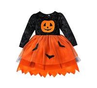 HodJIU Kids Baby Girl Halloween Dress Pumpkin Bat Print Long Sleeve Tutu Dress Toddler Halloween Costumes Princess Party Outfits (Orange, 5-6 Years)