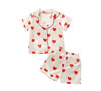 HodJIU Kids Baby Girls Valentine's Day Pyjamas Set 2pcs Heart Print Cotton Pjs Short Sleeve Button Down Shirt Top + Shorts Matching Pj Sets Summer Outfit Sleepwear (Red, 6-7 Years)