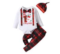 HodJIU My First Christmas Newborn Baby Boy Outfits Bow Tie Romper Long Sleeve Bodysuit + Pants + Hat Set Gentleman Suit 3Pcs Xmas Clothes (Red, 0-3 Months)