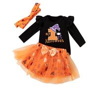 HodJIU My First Halloween Baby Girl Outfit Newborn Clothes Ghost Pumpkin Print Romper Tutu Skirt Headband Set 3pcs Toddler Girls Halloween Costumes (Black, 6-9 Months)