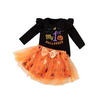 HodJIU My First Halloween Baby Girl Outfit Newborn Clothes Ghost Pumpkin Print Romper Tutu Skirt Headband Set 3pcs Toddler Girls Halloween Costumes (Orange, 0-3 Months)