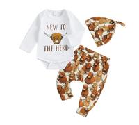 HodJIU Newborn Baby Boy Clothes Letter Print Long Sleeve Romper Long Pant Hat Set 3 Piece Western Cowboy Outfits Fall Winter Baby Boy Clothing Set (White New To The Herd, 3-6 Months)