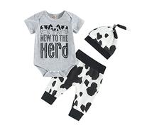 HodJIU Newborn Baby Boy Clothes Letter Print Long Sleeve Romper Long Pant Hat Set 3 Piece Western Cowboy Outfits Fall Winter Baby Boy Clothing Set (Grey New To The Herd, 0-3 Months)