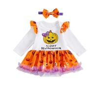 HodJIU Newborn Baby Girl My First Halloween Costume Outfit Ruffle Long Sleeve Romper Princess Dress Tutu Skirt Pumpkin Skull Ghost Print Clothes Headband 2pcs Set (White Happy Halloween, 6-9 Months)