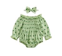 HodJIU Newborn Girl Outfit, Long Sleeve Off-shoulder Shamrock Print Romper with Hairband Fall Clothes (d-Green, 0-6 Months)