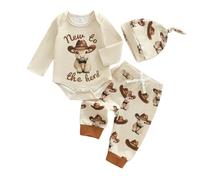 HodJIU Western Baby Boy Outfits Letter Print Long Sleeve Rompers Long Pants Hat Set Newborn Infant Boys Fall Winter Clothes 3 Piece Outfits (Khaki New To The Herd, 0-3 Months)