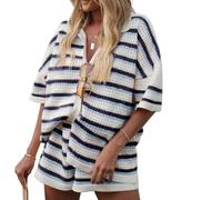 HodJIU Women Crochet Striped 2 Piece Short Sets Summer Outfits Short Sleeve Button Shirts Tops and Knitted Shorts Matching Lounge Sets Fashion Y2K Streetwear (Navy Blue, L)