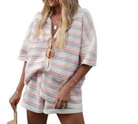 HodJIU Women Crochet Striped 2 Piece Short Sets Summer Outfits Short Sleeve Button Shirts Tops and Knitted Shorts Matching Lounge Sets Fashion Y2K Streetwear (Blue, M)
