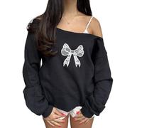 HodJIU Women Y2K Off Shoulder Sweatshirt Bow Embroidery Oversized Jumper Pullover Cute Print Long Sleeve Shirts Tunic Top (Black White Bow, S)
