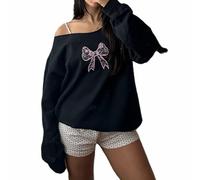 HodJIU Women Y2K Off Shoulder Sweatshirt Bow Embroidery Oversized Jumper Pullover Cute Print Long Sleeve Shirts Tunic Top (Black Pink Bow, S)