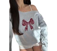 HodJIU Women Y2K Off Shoulder Sweatshirt Bow Embroidery Oversized Jumper Pullover Cute Print Long Sleeve Shirts Tunic Top (Grey Red Bowtie, L)