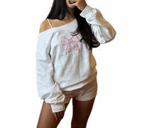 HodJIU Women Y2K Off Shoulder Sweatshirt Bow Embroidery Oversized Jumper Pullover Cute Print Long Sleeve Shirts Tunic Top (White Pink Bow, S)