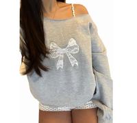 HodJIU Women Y2K Off Shoulder Sweatshirt Bow Embroidery Oversized Jumper Pullover Cute Print Long Sleeve Shirts Tunic Top (Grey White Bow, S)