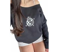 HodJIU Women Y2K Off Shoulder Sweatshirt Bow Embroidery Oversized Jumper Pullover Cute Print Long Sleeve Shirts Tunic Top (Black Planet, S)