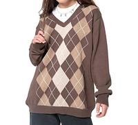 HodJIU Women's Argyle Plaid Y2k Sweater Long Sleeve Preppy Knitted Pullover Aesthetic Harajuku Vintage Oversized Jumper Casual Knitwear Streetwear (Brown, S)