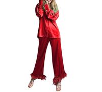 HodJIU Womens Christmas Pyjamas Set Santa Print Xmas Pjs Fluffy Feather Trim Long Sleeve Button Pyjama Sets 2 Piece Pj Sleepwear Nightwear (Red, L)