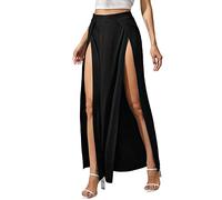 HodJIU Women's Double Split Maxi Long Skirt High Waist Ladies Plain Two Side Slit Skirts Beachwear (Black, M)