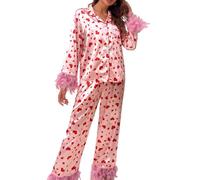 HodJIU Womens Pyjama Set Pjs Valentine's Day Heart Print Pajama 2 Pieces Long Sleeve Button Shirt Trouser Sleepwear Loungewear Sets (Pink Fluffy Feather Trim, M)
