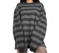 HodJIU Women's Vintage Y2k Striped Jumper Aesthetic Grunge Long Sleeve Oversized Sweatshirt Casual Crewneck Pullover Tops Harajuku E Girl 90s Streetwear (Gray Colorbloc, XL)