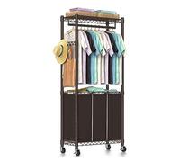 Hodonas 3-Section Laundry Sorter With Hanging Bar, Rolling Hamper Cart, Basket Organizer, Hanging Rack, Lockable Wheels and Removable Bags for Clothes Storage, Espresso