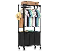 Hodonas Rolling Laundry Basket Organizer with Wheels and Hanging Bar, Laundry Hamper Cart Laundry Sorter 3 Section, Dirty Clothes Hampers for Laundry Bedroom Bathroom w/ 3 Removable Bags, Black