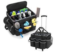 HODRANT Large Cleaning Caddy with Detachable Trolley & Shoulder Strap, Cleaning Supplies Bag with Support Plates All-around & Pockets, Rolling Cleaning Organizer Bag for Housekeeping and Car Wash