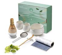 HODUP Japanese Matcha Whisk Set, 9Pcs Ceramic Matcha Kit with Hand-Painted Gold Trim Ceramic Bowl, Scoop, 2 Matcha Cups, Scoop Rest, Sifter and Tea Towel, Ultimate Gift for Matcha & Green Tea Lovers