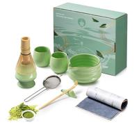 HODUP Matcha Whisk Set, 9Pcs Ceramic Matcha Kit with Hand-Painted Gold Trim Ceramic Bowl, Scoop, 2 Matcha Cups, Scoop Rest, Sifter and Tea Towel, Ultimate Gift for Matcha & Green Tea Lovers