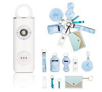 Hoedia Safety Alarm Keychain for Women and Girls, Rechargeable Loud 130DB Self Defence Rope Alarm, 10 Pack Personal with Flashlight, Pom Pom, Bracelet Keychains Kit, Kids, Blue White