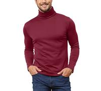 Hoefirm Men's Polar Neck Pullover Basic Warm Tops Turtleneck Knit Jumper Slim Fit Sweater Funnel Cotton Wool Red L