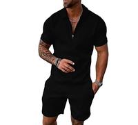 Hoefirm Men's Tracksuit Polo Short Sleeve Suit Set Zip Joggers Gym Top Casual Running Sport Sweat Activewear 2 Piece Suit Pants Black 3XL