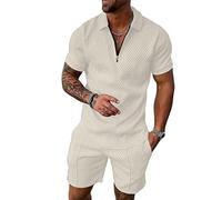 Hoefirm Men's Tracksuit Polo Short Sleeve Suit Set Zip Joggers Gym Top Casual Running Sport Sweat Activewear 2 Piece Suit Pants Khaki M