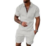 Hoefirm Men's Tracksuit Polo Short Sleeve Suit Set Zip Joggers Gym Top Casual Running Sport Sweat Activewear 2 Piece Suit Pants White L
