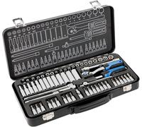 Högert Technik 63pc 1/4in Socket & Bit Set with 72-Tooth Ratchet | 63-piece 1/4in socket and bit set with deep sockets, E-Torx sockets, extensions, universal joint and metal case.