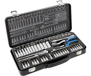 Högert Technik 63pc 1/4in Socket & Bit Set with 72-Tooth Ratchet | 63-piece 1/4in socket and bit set with deep sockets, E-Torx sockets, extensions, universal joint and metal case.