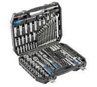 Högert Technik Tool Set 222 Pieces, Socket Spanner and Bit Set 1/4 Inch & 3/8 Inch & 1/2 Inch CRV Steel, Fork Ring Spanner, DIN 3124, in Steel Case