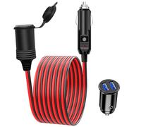 Hoembpn 1.5M/4.9FT 17AWG Car Cigarette Lighter Extension Lead Cable LED with Fuse 15A, 12V/24V Car mini Dual USB Charger Socket Cigarette Lighter Adapter Fast Charger Car Camping Accessories Red
