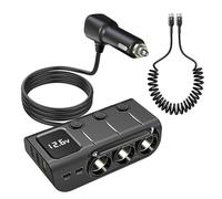 Hoembpn 120W Cigarette Lighter Splitter Adapter 3 Socket/USB/PD with Switch and LED Voltmeter,12V/24V Multi USB Car Charger Power Outlet Extension Lead with 1M 5A USB C to USB C Spring Charger Cable