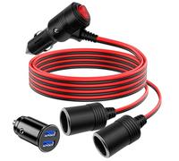 Hoembpn 1M Cigarette Lighter Socket 12V Extension Lead with LED Switch and 15A Fuse 1 Male to 2 Female Car Lighter Splitter Adapter Cord 15AWG, 12V/24V Dual USB Car Charger Socket