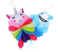Hoement 2pcs Cartoon Bath Sponges Shower Loofah with Lanyard Soft Body Scrubbers for Boys and Cute Unicorn Shark Designs for Fun Bathroom Use and Travel