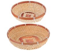 Hoement 2pcs round Bamboo Woven Storage Baskets for Fruit and Bread Serving, Handmade Khaki Multi-purpose Storage Trays, Wear-resistant Design for Kitchen and Dining Table