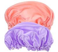 Hoement 2pcs Satin Bathing Caps Comfortable Shower Hats for Hair Care for Sleeping and Spa Use Double-layer Design with Soft Edge Purple Rainbow Pink