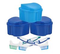 Hoement 3 Sets Denture Cleaning Kit with Brush and Travel Soaking Case, Plastic and Nylon Material for Efficient Cleaning and Removing Food Debris, for Travel and Daily Oral Cleanliness