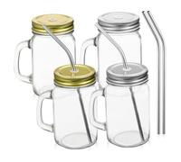 Hoement 4 Pcs Glass Beverage Mugs with Lid Handle and Stainless Steel Straw Square Transparent Drinking Cups for Juice Milk Water Glass Tumblers with Comfortable Grip for Home Office