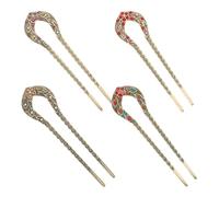 Hoement 4pcs Vintage U-shaped Hair Fork with Peach Blossom Rhinestone Alloy Hairpin for Women Lightweight Secure Updo Styling Hair Accessories for Weddings and Formal Occasions