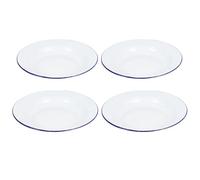 Hoement 4pcs White Enamel Serving Plates 22cm Flat Rim Shallow Bowls for Fruit Pasta Salad Dinnerware Picnic Camping Dishes