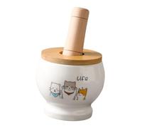 Hoement Ceramic Garlic Mortar with Pestle Stick Cartoon Pattern Grinding Bowl for Crushing Spices and Garlic Kitchen Tool Practical and Easy to Use