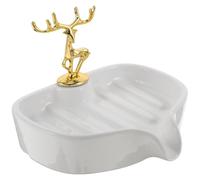 Hoement Ceramic Soap Dish with Deer Design, White Multi-purpose Soap Holder and Sponge Storage Dish for Kitchen and Public Washroom, Cute and Lovely Style with Alloy Accents