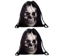 Hoement Drawstring Backpack Set Easy Open and Heavy-duty Drawstring Gym Bag 2pcs Unisex Stylish 3d Skull Printing Design Black Oxford Cloth for Travel and School