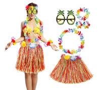 Hoement Hawaiian Hula Skirt for Women Grass Skirts with Colorful Classic Flower Leis and Pineapple Sunglasses Hawaiian Costume for Luau Beach Summer Festivals Party Accessories